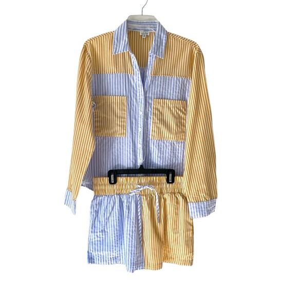 Azura Stripe Set Yellow Blue White Shorts Button Down Shirt size medium - Picture 1 of 12